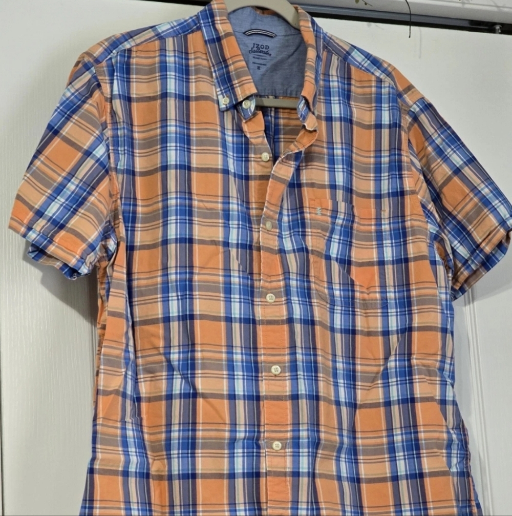 Izod Saltwater Short Sleeve Button Windowpane Plaid Shirt Blue Green XL